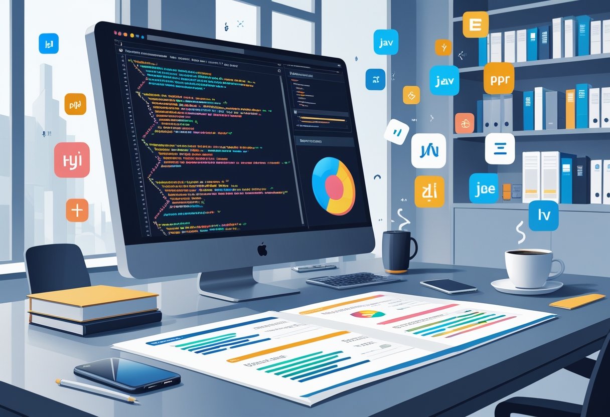 A workspace with a computer showing programming code, icons of programming languages floating nearby, and a resume highlighting language skills on the desk.