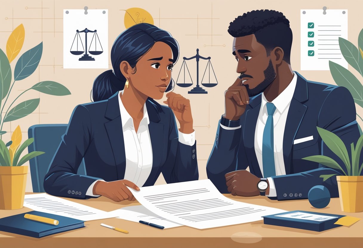 Two professionals having a serious conversation across a desk in an office, with legal symbols like scales and a gavel visible in the background.