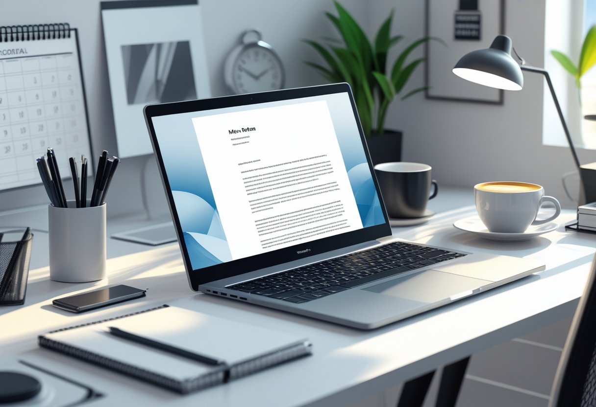 A tidy office desk with a laptop showing a cover letter template, surrounded by stationery and a coffee cup.