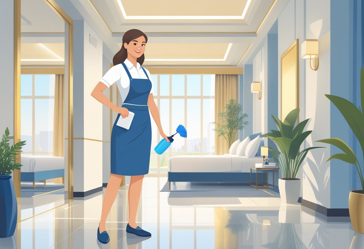 A hotel housekeeper in uniform holding cleaning tools standing in a clean hotel corridor with neatly made beds and polished floors.