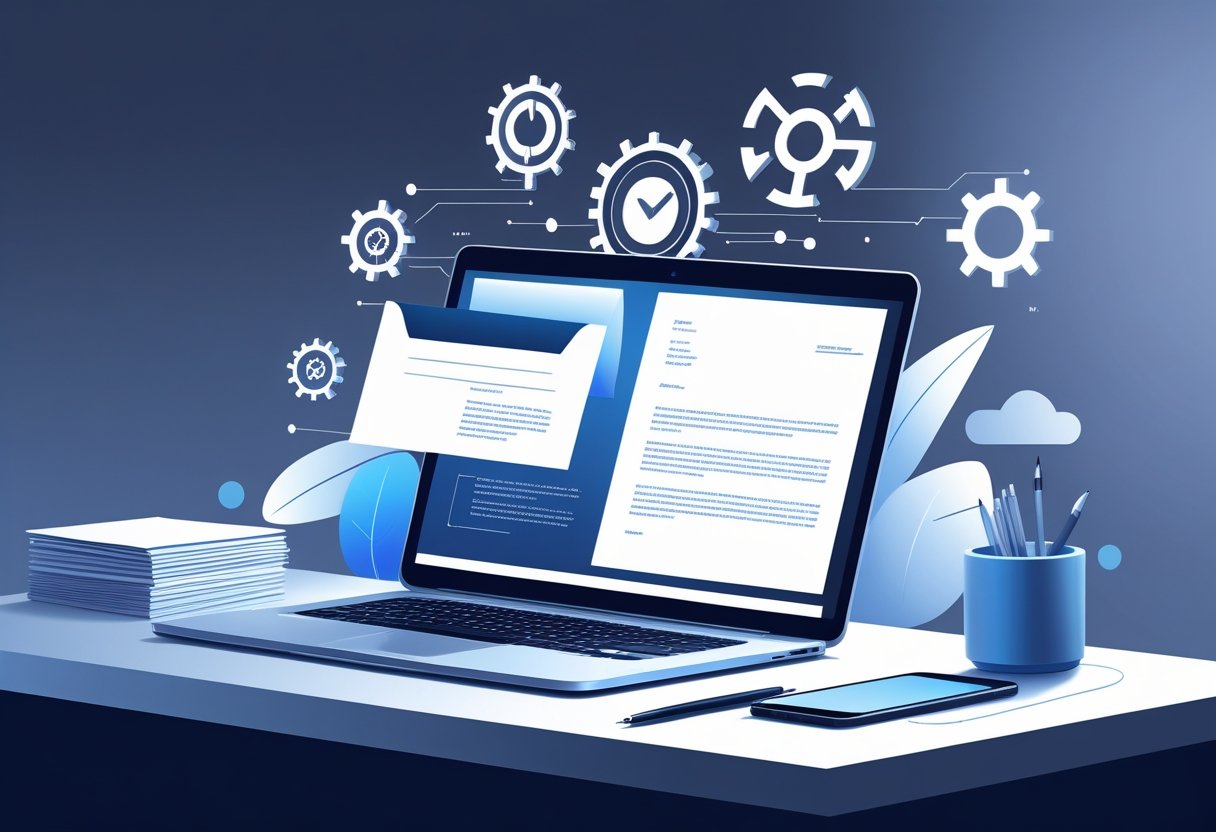 A clean office desk with a laptop showing a cover letter template, surrounded by papers and a smartphone, with subtle icons representing technology in the background.