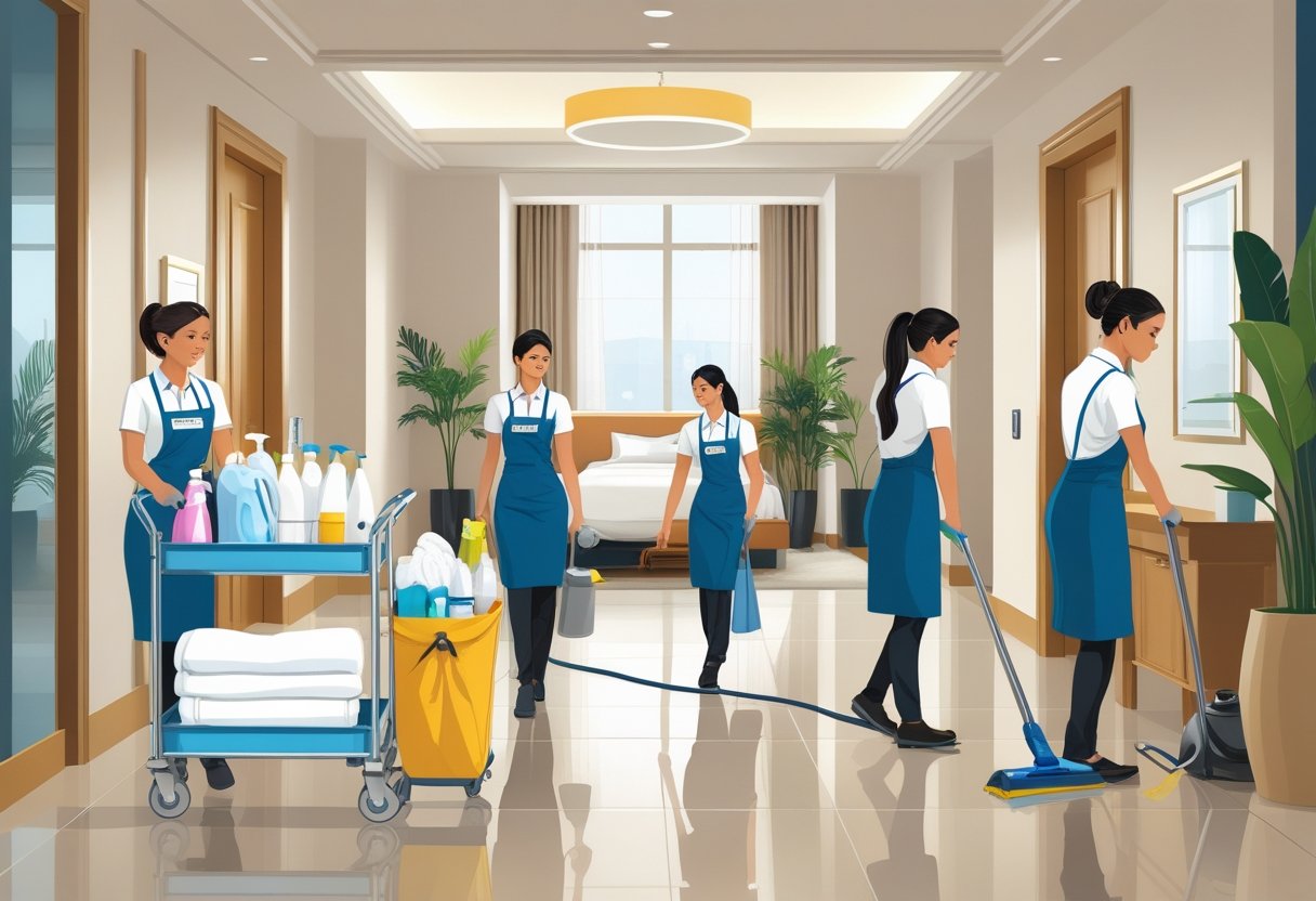 Hotel housekeepers working in a clean hotel corridor and room, performing tasks like making beds, vacuuming, and pushing a cleaning trolley.