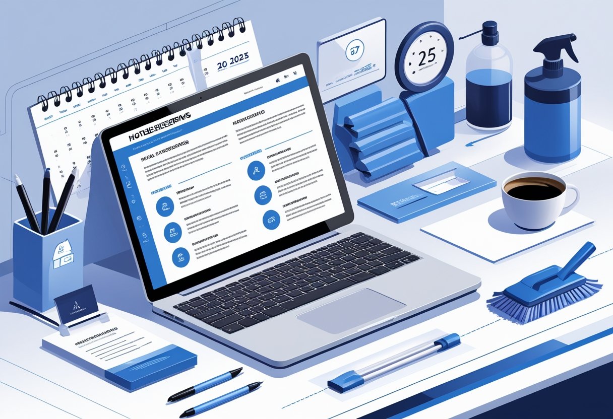 A workspace with a laptop showing a housekeeping resume template, surrounded by stationery and hotel cleaning icons, symbolizing resume preparation for hotel housekeeping jobs.