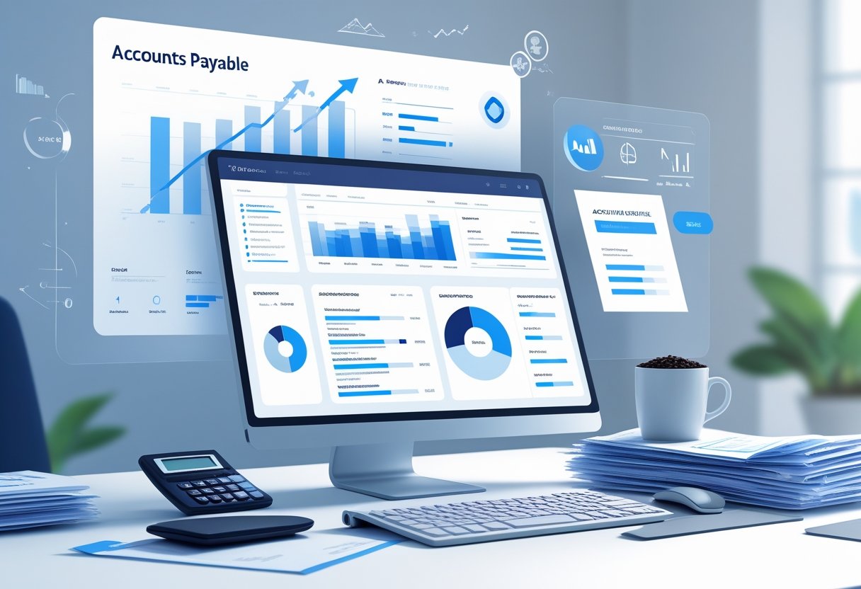 A modern office desk with a laptop, resumes, a calculator, and financial charts in the background representing accounts payable work.