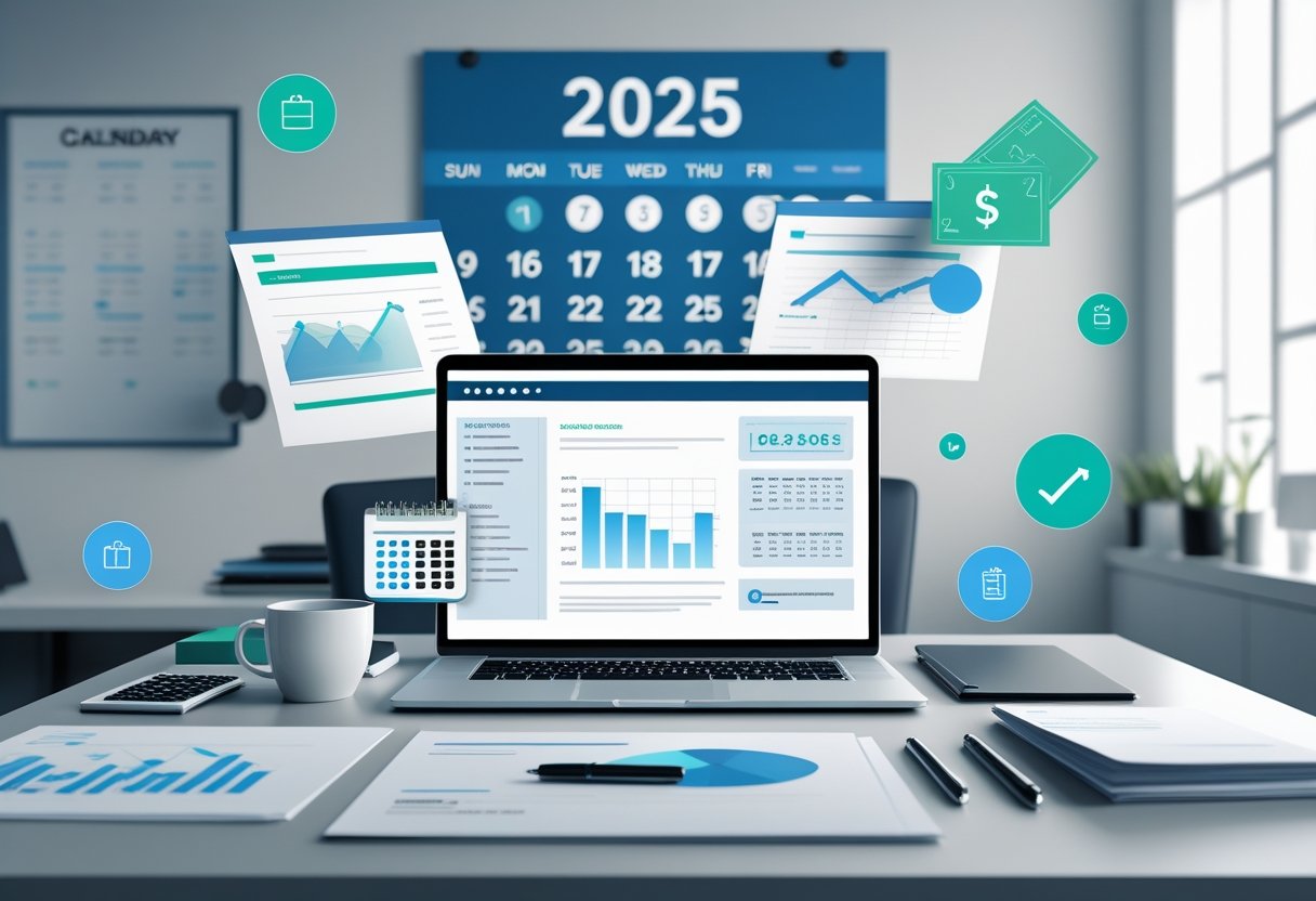 A modern office desk with a laptop, calculator, papers, and coffee cup, showing a workspace focused on financial tasks and resume preparation for accounts payable in 2025.