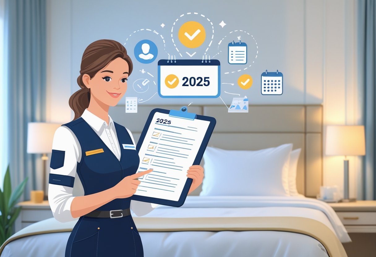 A hotel housekeeper in uniform holding a clipboard in a clean, modern hotel room with a neatly made bed and icons representing resumes and checklists around them.
