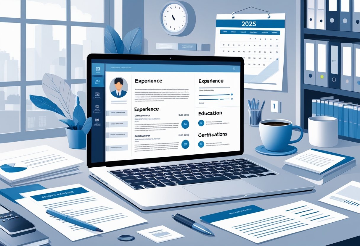 A tidy office desk with a laptop showing a resume layout, calculator, documents, and a calendar marked 2025 in the background.