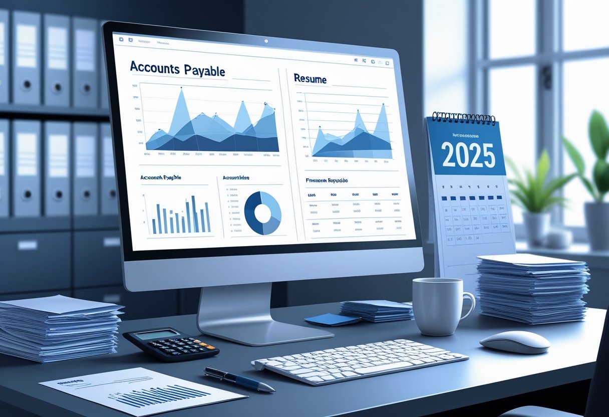 A modern office desk with a computer showing financial charts and a digital resume layout, surrounded by accounting tools and a calendar displaying the year 2025.