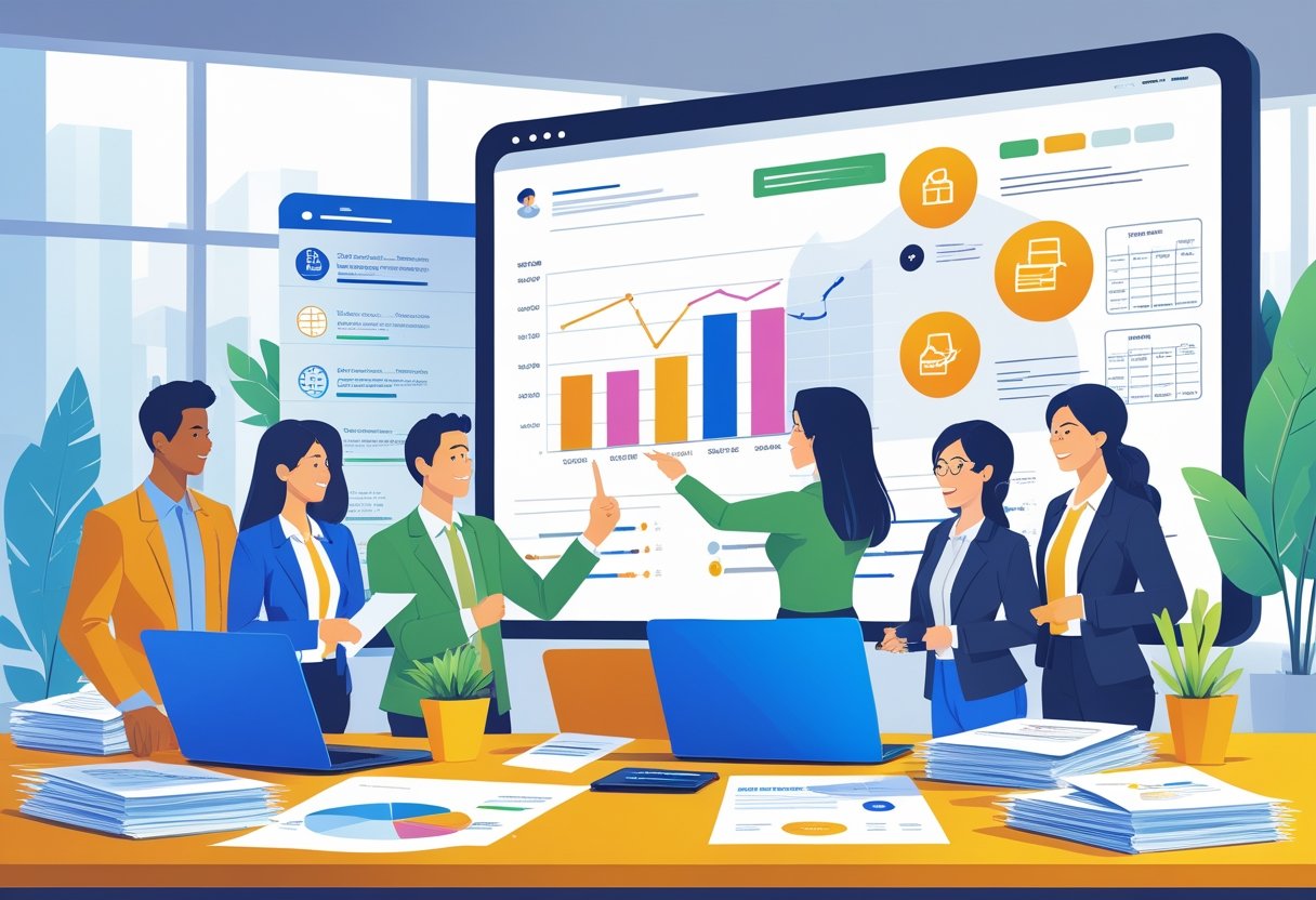 A group of business professionals working together around a desk with documents and laptops, discussing financial data in an office setting.