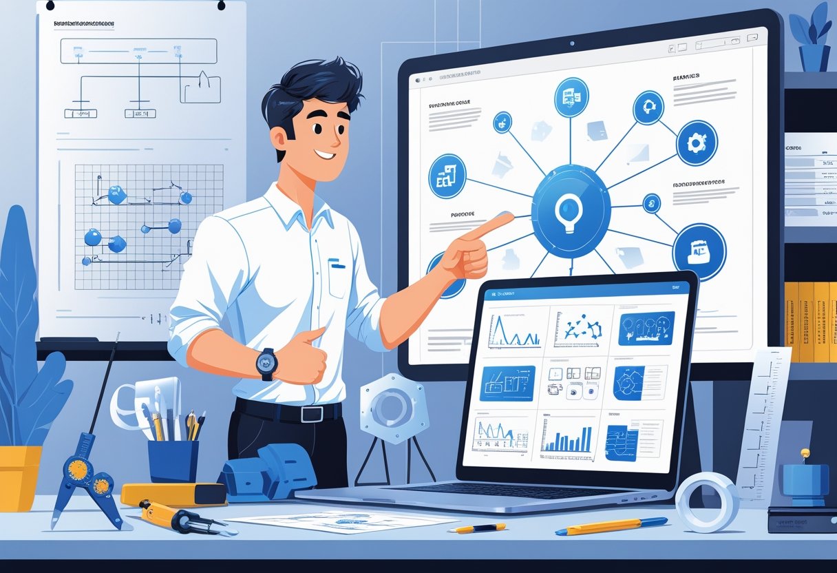 An engineering intern presenting a portfolio with technical diagrams and tools in a modern office setting.