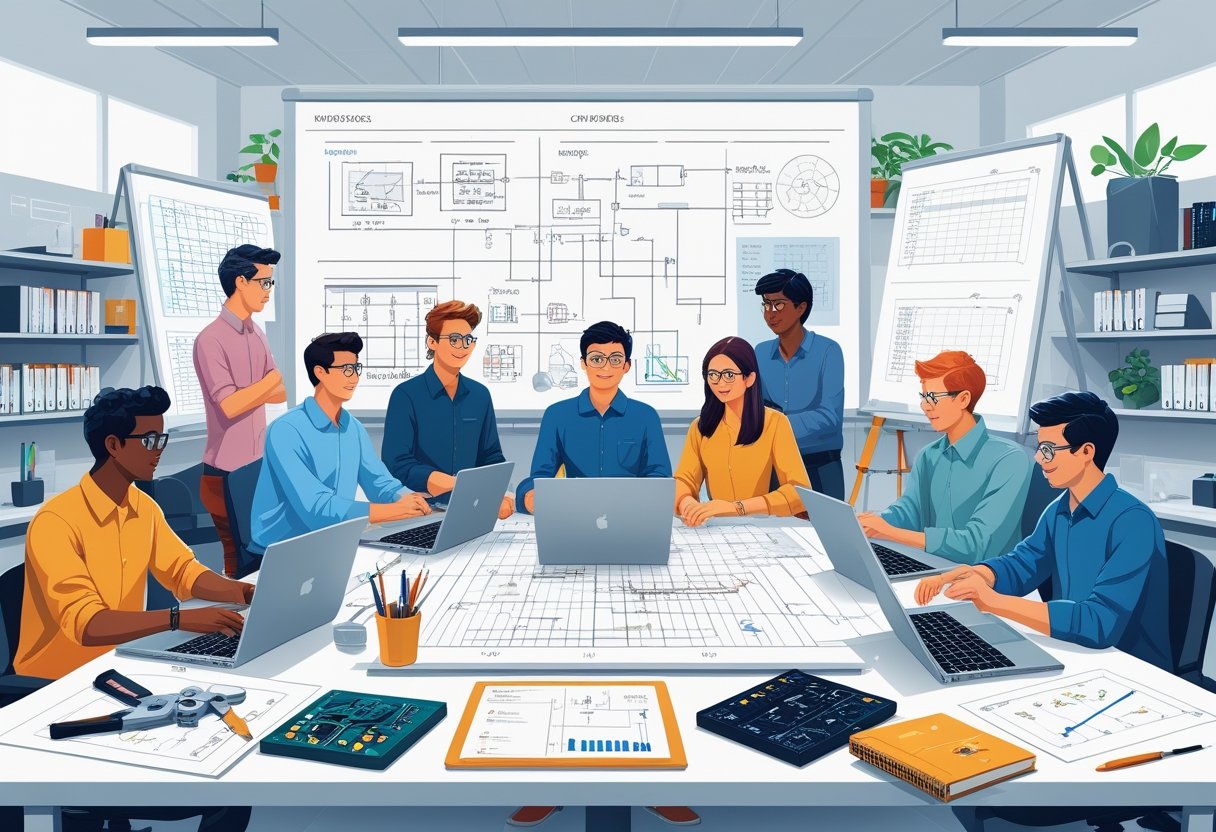 A group of young engineers working together around a table with laptops, technical drawings, and engineering tools in a bright office with whiteboards and shelves of books and prototypes.