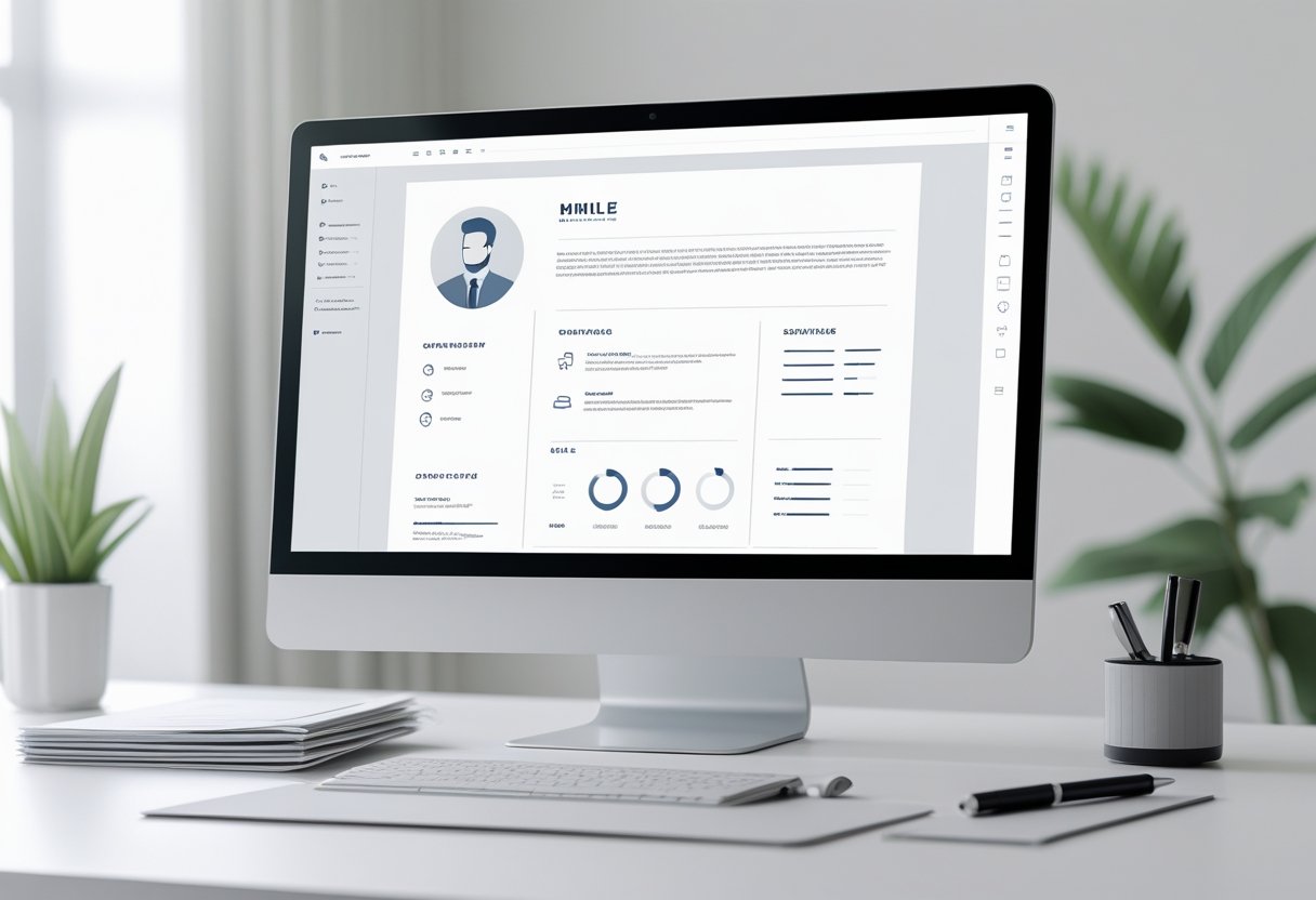 A clean workspace with a desktop computer showing a modern resume template, surrounded by organized papers and a small plant in a bright office setting.