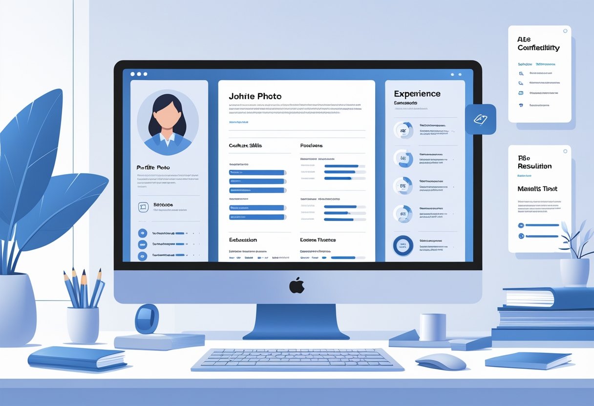 A digital workspace showing a modern resume layout on a computer screen with icons representing file formats and design elements in a clean office environment.