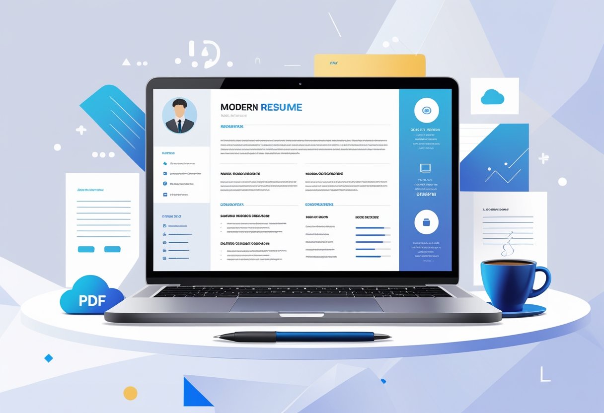 A workspace with a laptop showing a modern resume template on screen, surrounded by icons representing online tools and documents, along with a notepad, pen, and coffee cup.