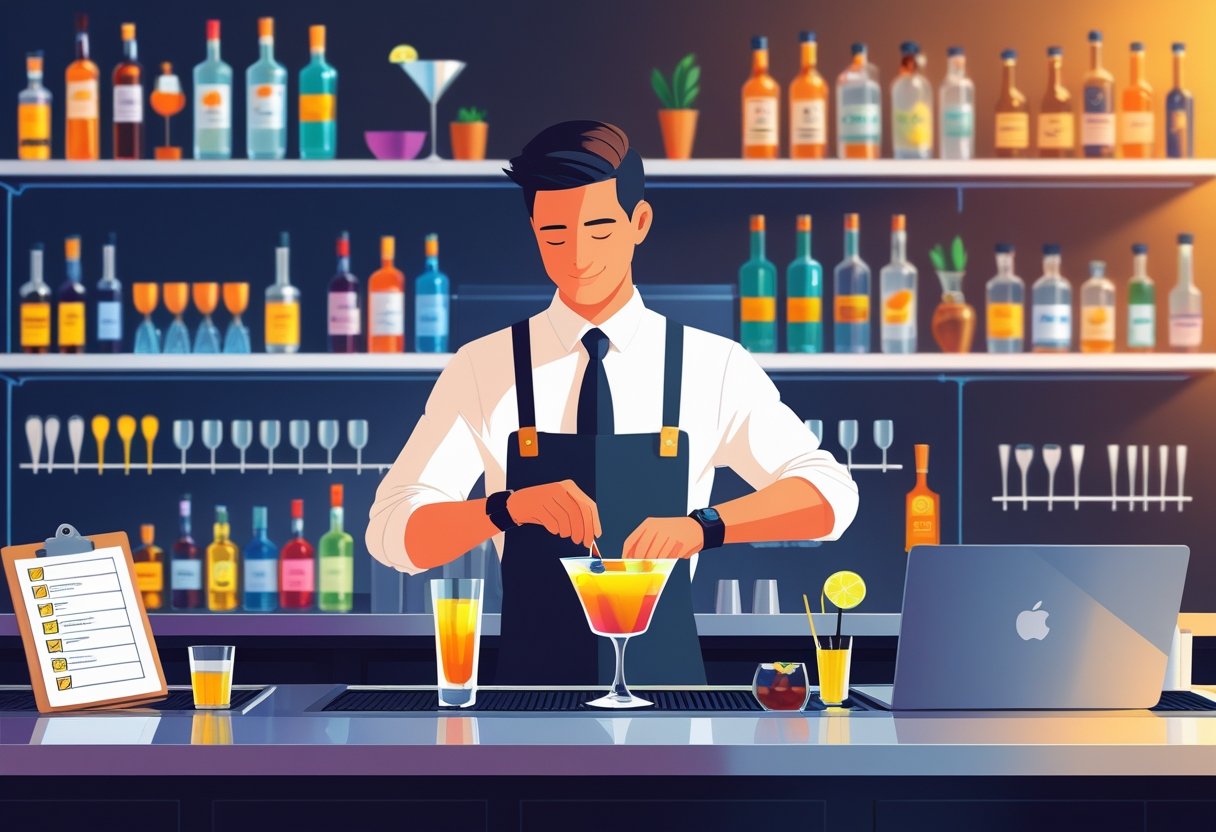 28 Bartender Resume Examples & Guide for 2025: Templates and Tips for Landing Your Next Job 1 A bartender mixing a cocktail behind a bar with bottles and bar tools, alongside a laptop and clipboard on the counter.