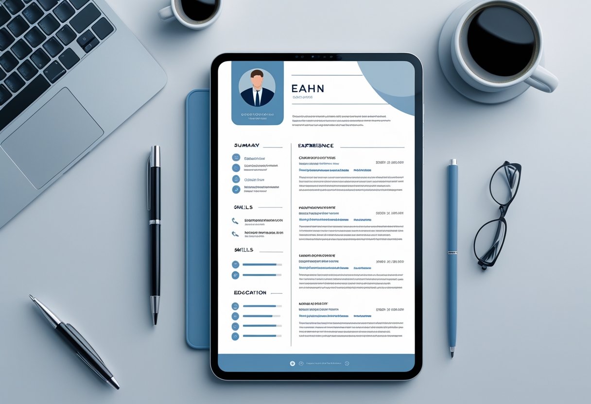 A modern resume layout displayed on a digital device on a tidy desk with office items around it.