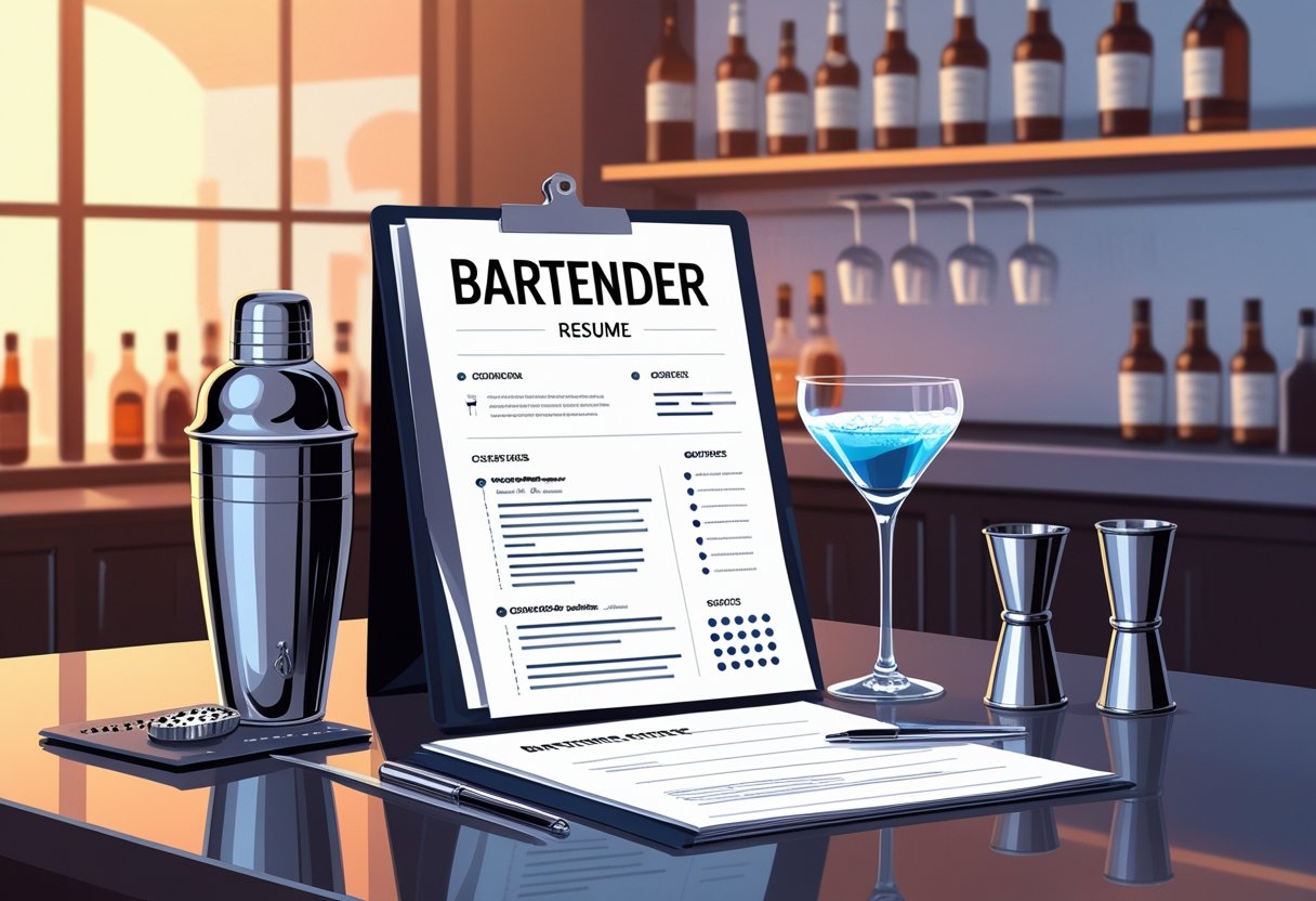 A workspace with a bartender's resume surrounded by bartending tools and a modern bar in the background.