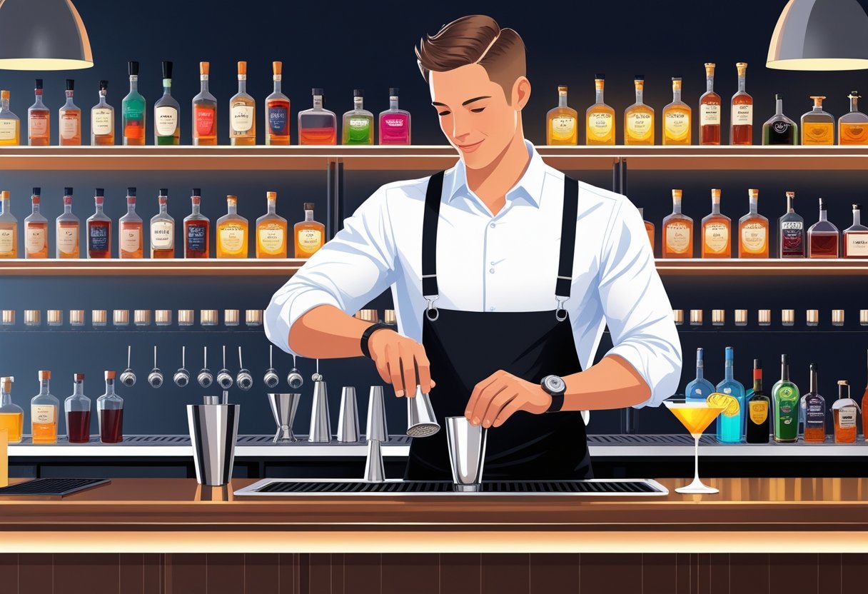 A bartender mixing a cocktail behind a bar with bottles and glasses on shelves in the background.