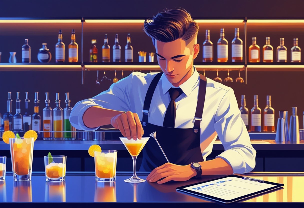 A bartender mixing a cocktail behind a bar with bottles and glasses in the background, next to a clipboard suggesting a resume or checklist.