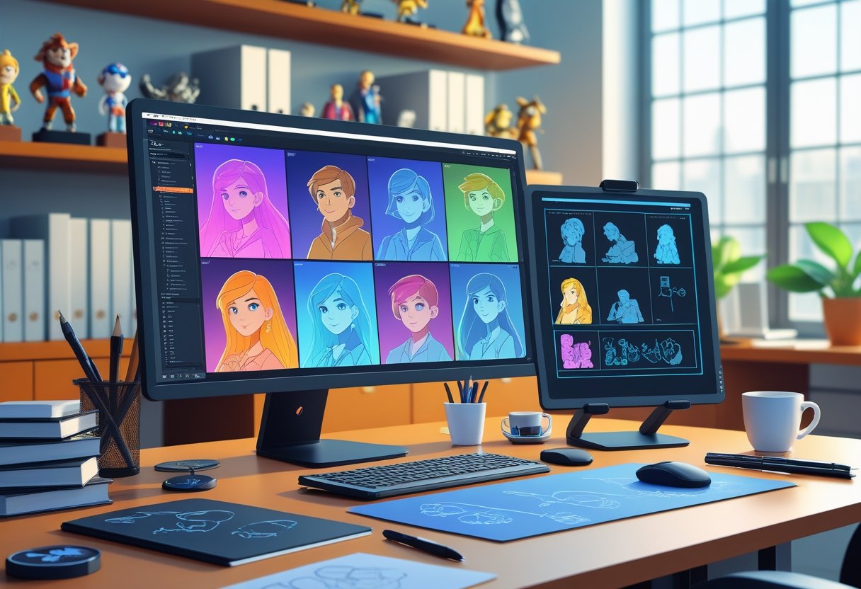 10 Animator Resume Examples - January 2025: Proven Templates for Your Next Application 1 A digital animator's workspace with a computer showing animation frames, a graphic tablet, sketches, and animation-related items on a desk.