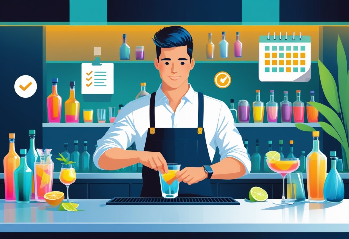 A bartender preparing cocktails behind a modern bar with bottles and garnishes, surrounded by icons representing skills and career progress.
