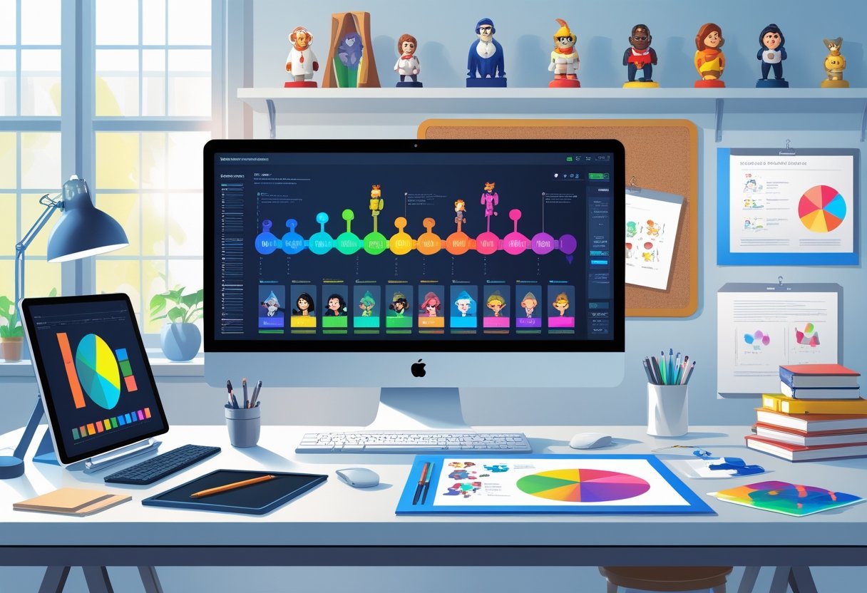 A bright office workspace with a computer showing animation sketches, a graphic tablet, storyboards on a corkboard, and animation tools arranged neatly on a desk.