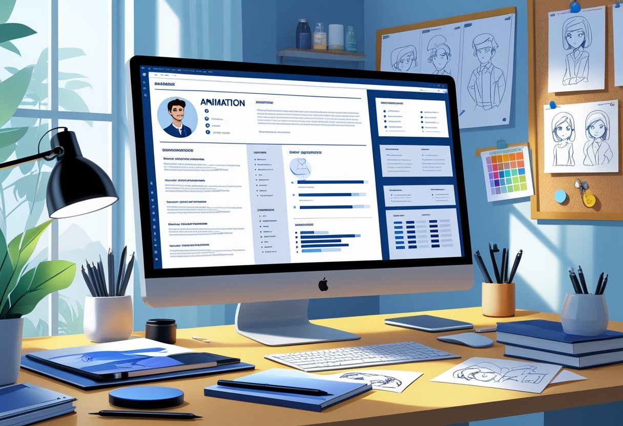 A creative workspace with a computer, animation tools, and sketches showing an animator preparing a resume.