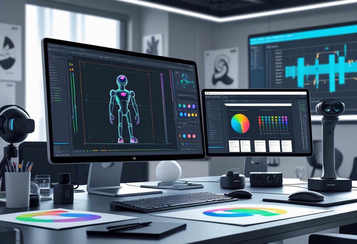 A modern animator's workspace with a computer showing a 3D character rig, digital tablets, VR equipment, sketches, and holographic screens displaying animation tools.
