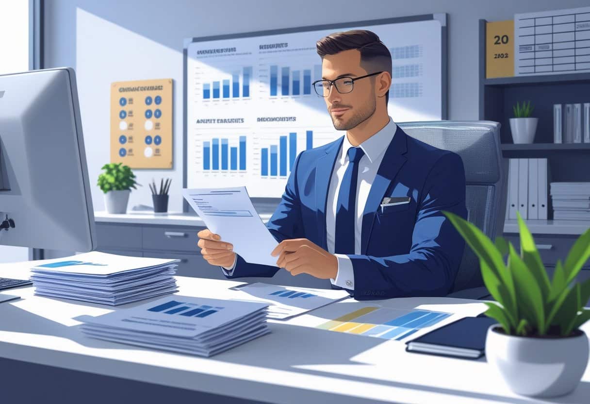 10 HR Director Resume Examples & Guide for 2025: Expert Templates and Writing Tips 3 An HR Director working at a desk reviewing resumes and documents in a modern office environment.