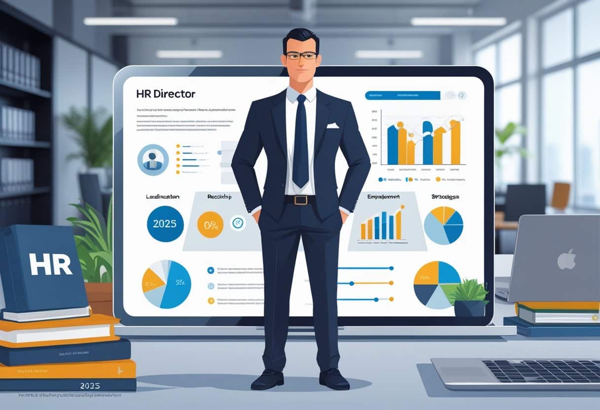 10 HR Director Resume Examples & Guide for 2025: Expert Templates and Writing Tips 4 An HR Director standing confidently in a modern office surrounded by symbols of skills and experience like charts, graphs, and a digital resume display.