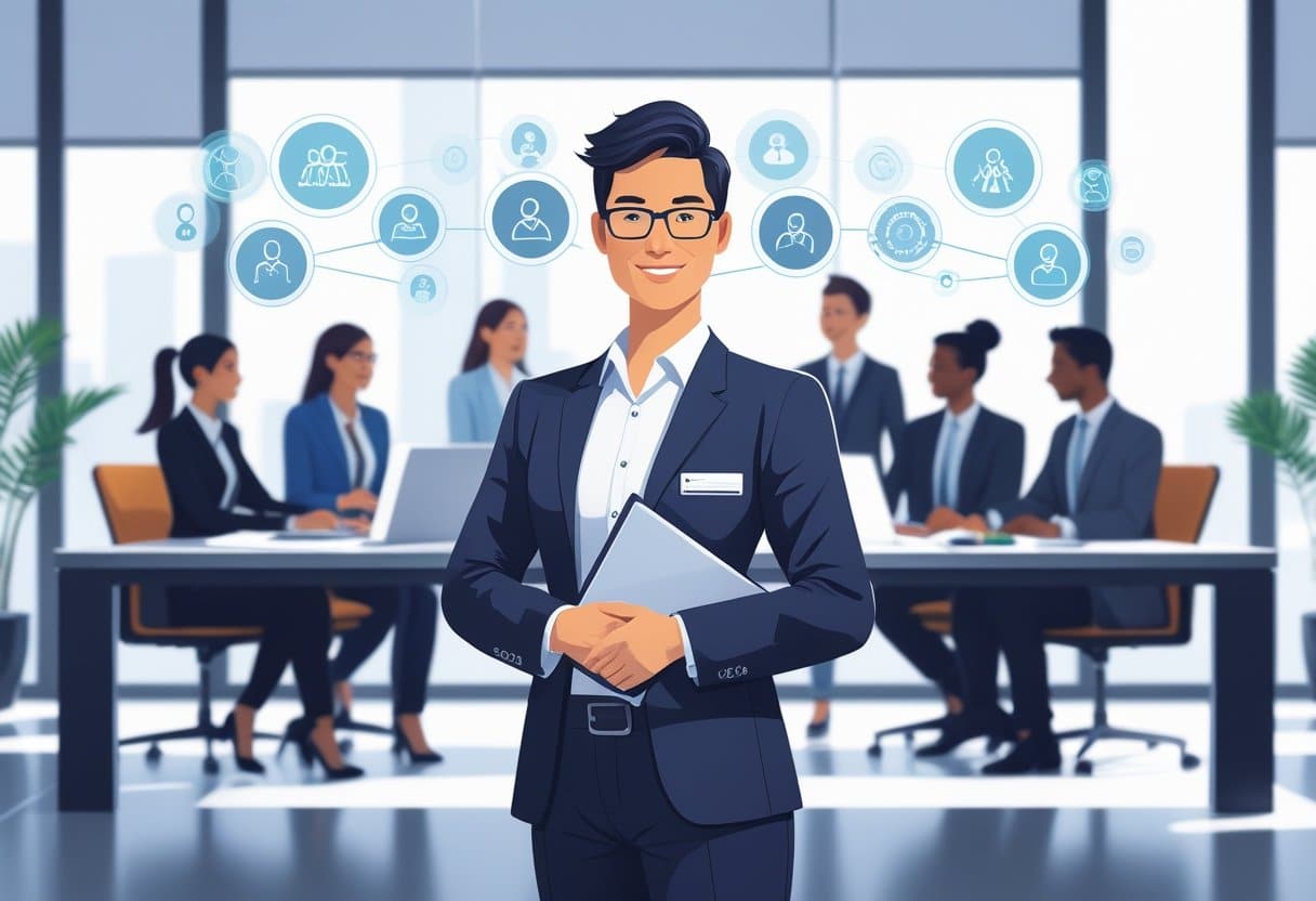 10 HR Director Resume Examples & Guide for 2025: Expert Templates and Writing Tips 5 An HR director candidate standing confidently in a modern office with colleagues collaborating in the background and digital icons representing HR concepts floating around.