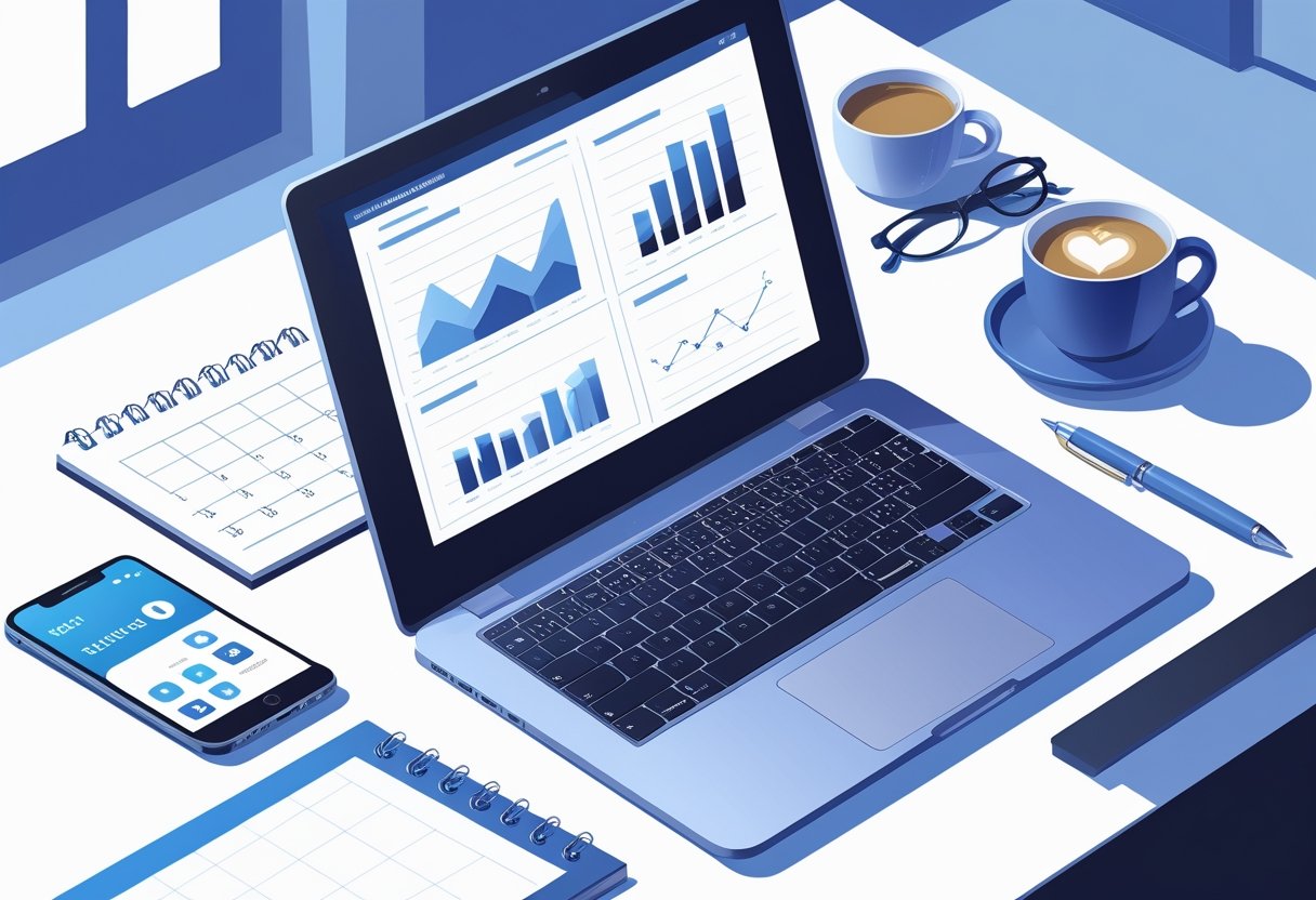 26 Digital Marketing Resume Examples & Guide for 2025: Stand Out with Proven Tips and Templates 1 A clean workspace with a laptop showing marketing charts, a smartphone with social media icons, a notepad with notes, and a cup of coffee on a desk.