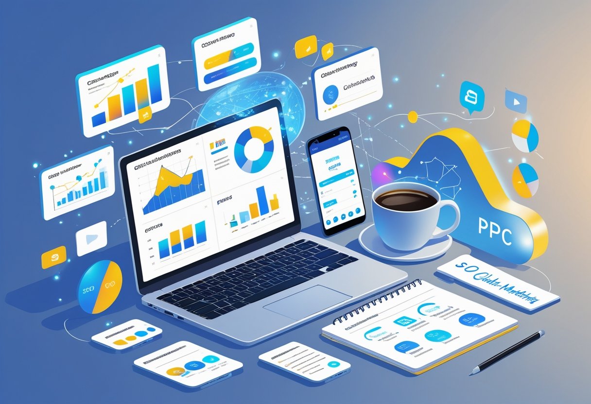 A modern workspace with a laptop showing digital marketing charts, a smartphone with social media icons, a notepad with marketing notes, and floating digital marketing tool icons around the desk.