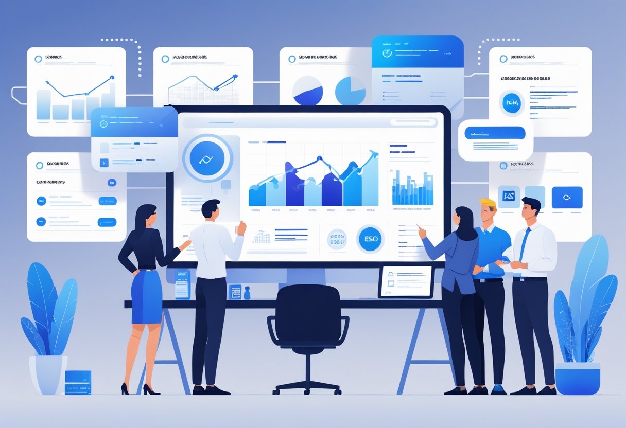 A modern workspace with professionals collaborating around a computer displaying digital marketing icons and charts, surrounded by floating holographic panels representing resumes and FAQs.