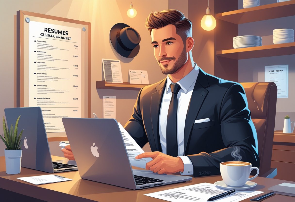 10 Restaurant General Manager Resume Examples & Guide for 2025: Proven Templates and Expert Tips 1 A restaurant general manager in business attire reviewing resumes at a desk with a laptop and coffee, with restaurant-related items in the background.