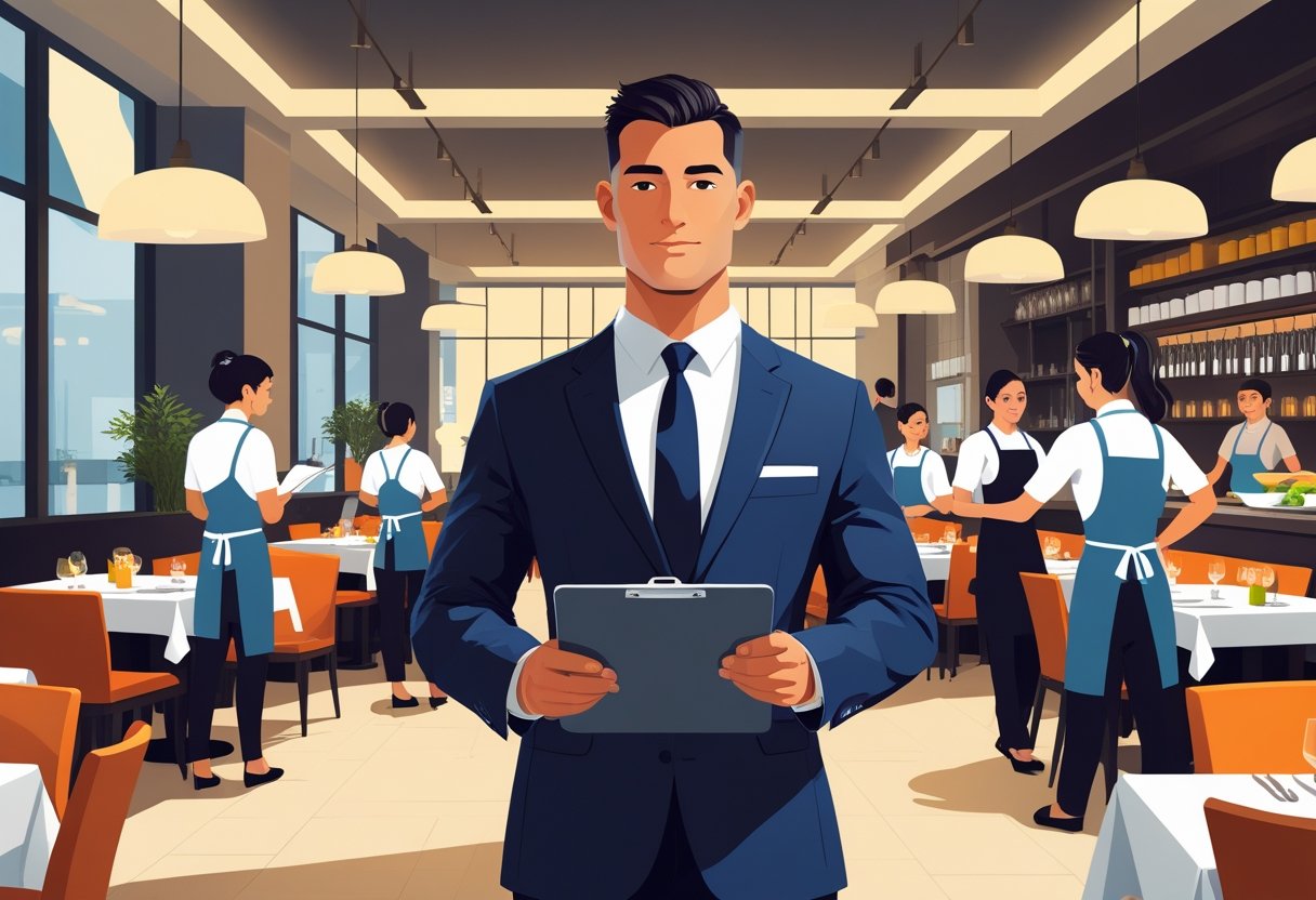 A restaurant general manager supervising staff in a busy dining area with tables and customers.