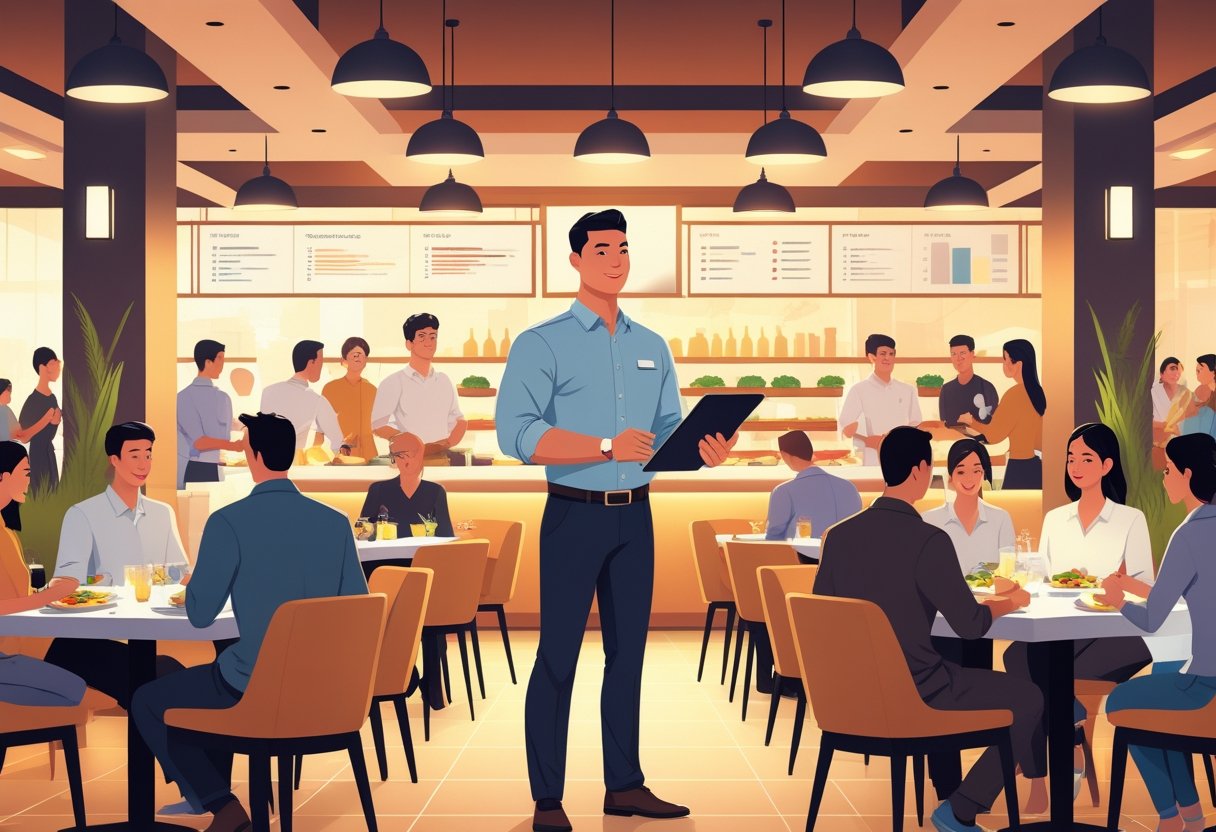 A restaurant manager overseeing staff and customers in a busy dining area.
