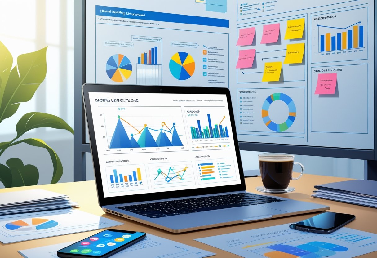 26 Digital Marketing Resume Examples & Guide for 2025: Sample Templates and Writing Tips 1 A modern office workspace with a laptop showing marketing charts, a smartphone with social media icons, documents, and a whiteboard with marketing strategy diagrams.