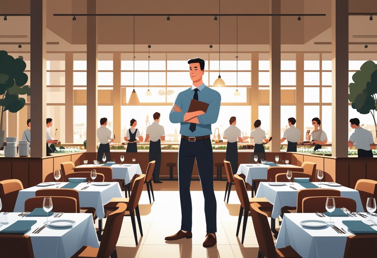 A restaurant general manager standing confidently in a busy dining area with waitstaff serving customers and kitchen staff working in the background.