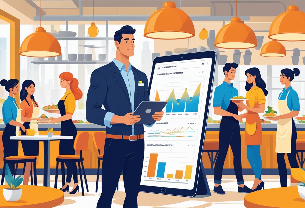A restaurant general manager reviewing performance data on a tablet while team members work in a busy restaurant.