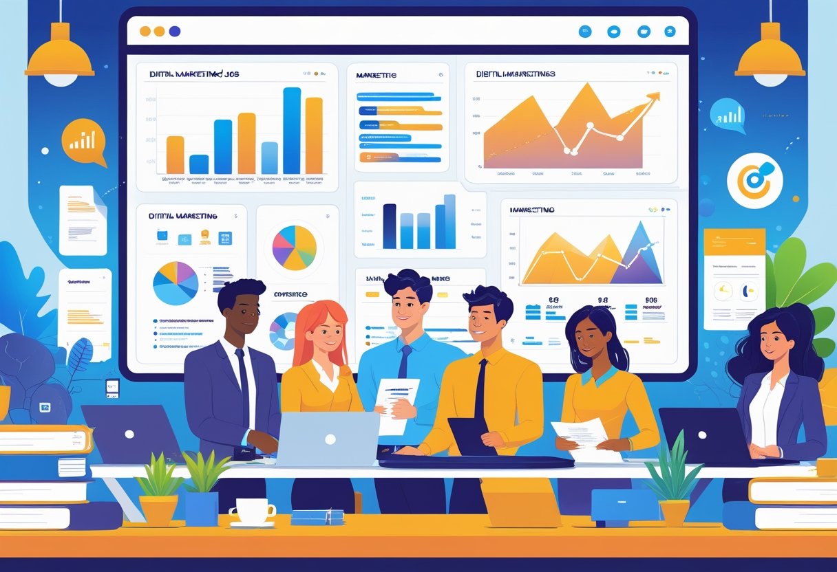 A group of professionals working together around a desk with laptops and digital devices displaying charts and data in a modern office setting.