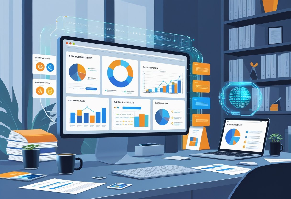 A modern workspace with a computer showing digital marketing charts and resume templates, surrounded by documents, a smartphone with social media icons, and a bookshelf with marketing books.