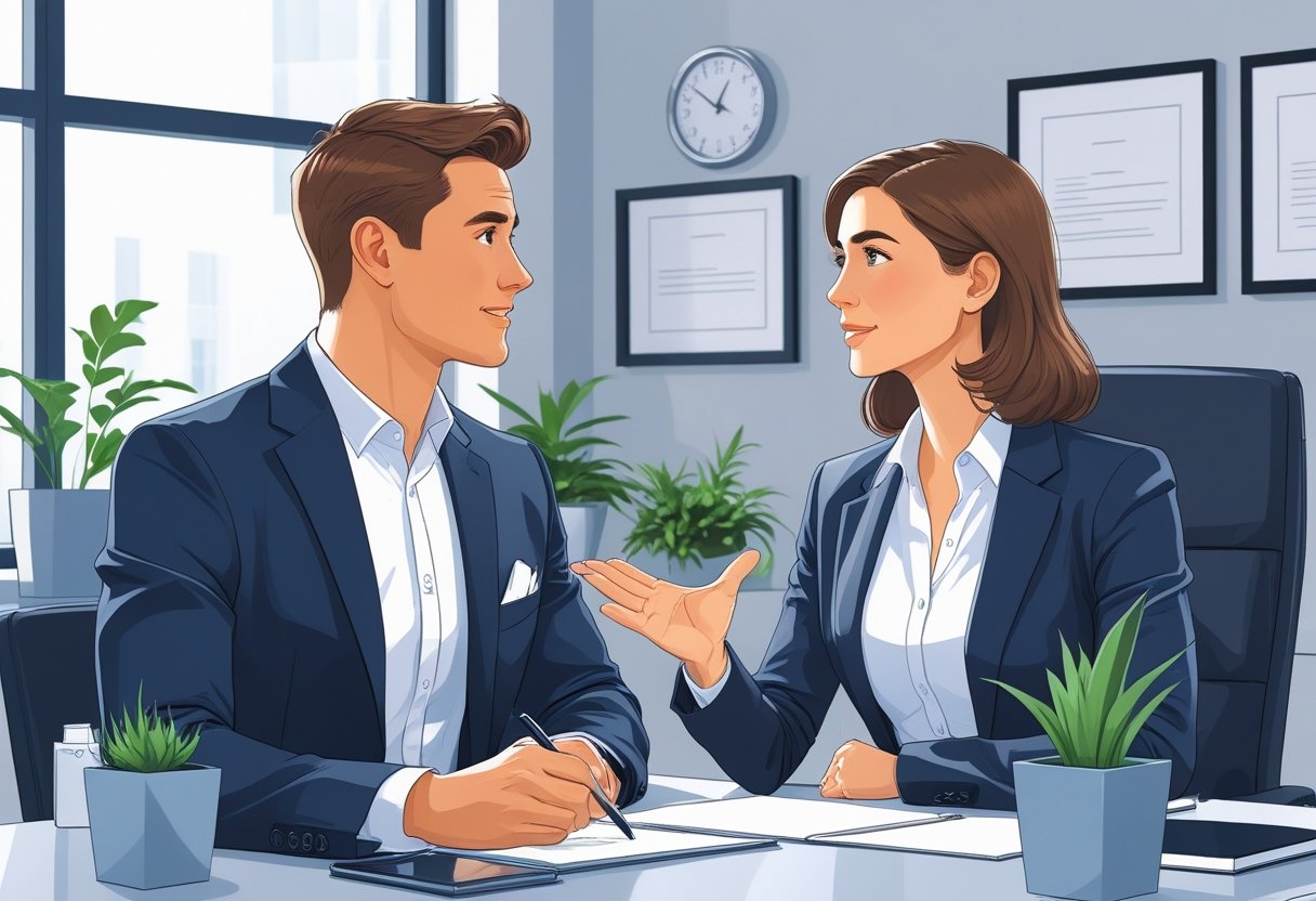 How to Answer How Do You Handle Stress in a Job Interview: Key Strategies for Success 1 A job candidate calmly talking to an interviewer across a desk in a modern office during a job interview.