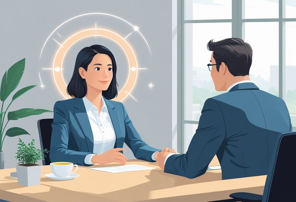 A job candidate calmly answering questions during an interview with an interviewer in an office setting.