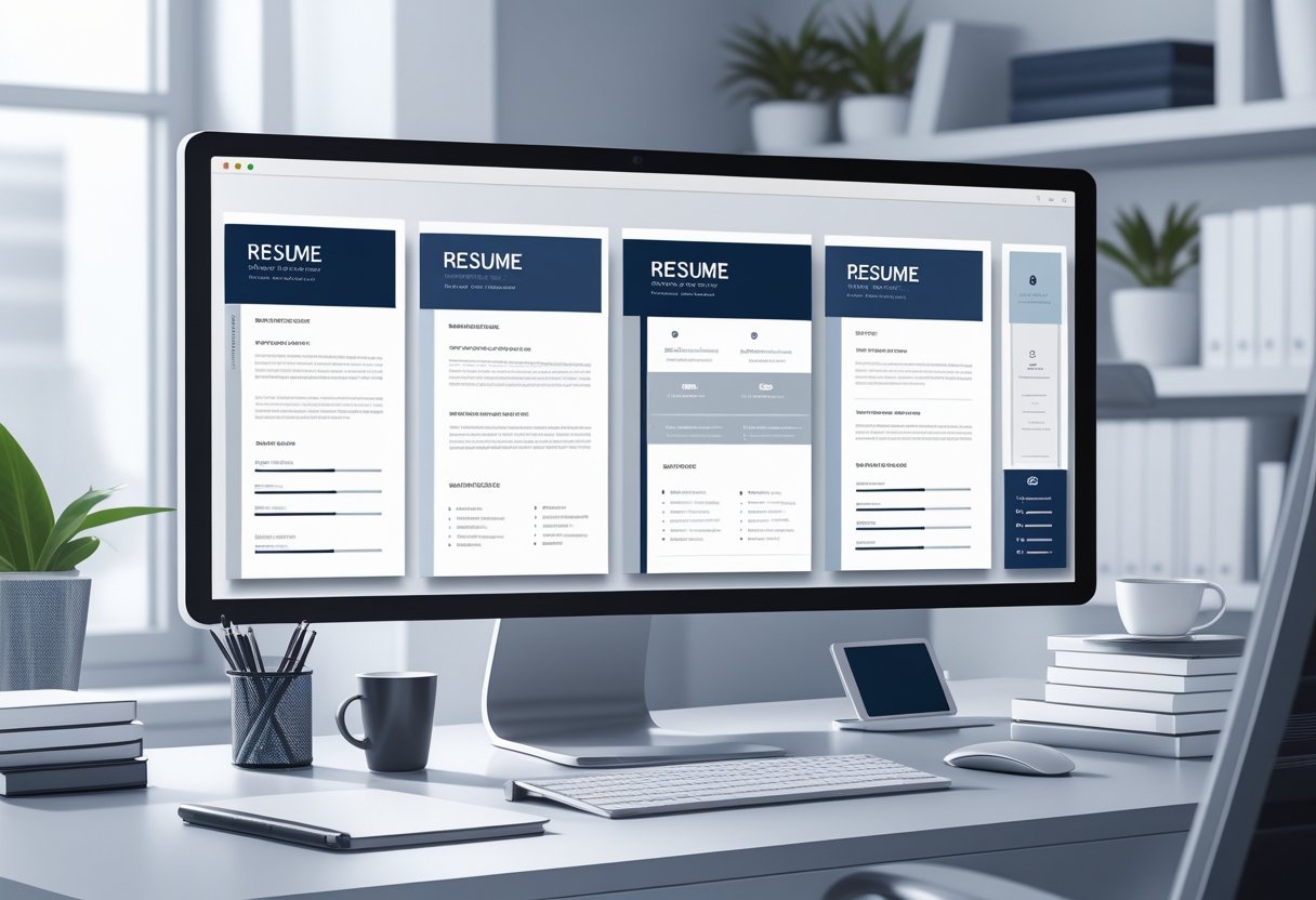 A modern office desk with a computer displaying multiple clean and organized resume templates, surrounded by office supplies and natural light.
