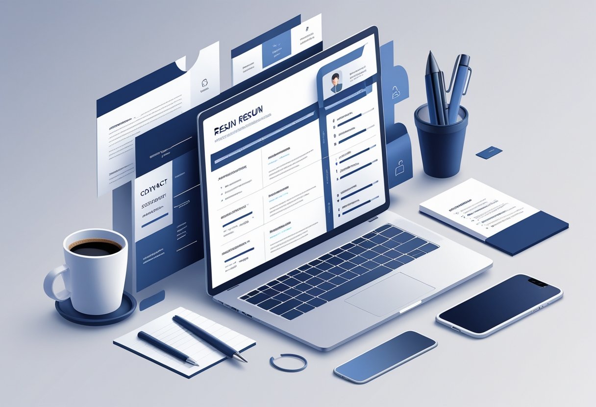 An organized workspace with a laptop showing a structured resume layout, surrounded by office items like a coffee cup, pen, notepad, and smartphone.