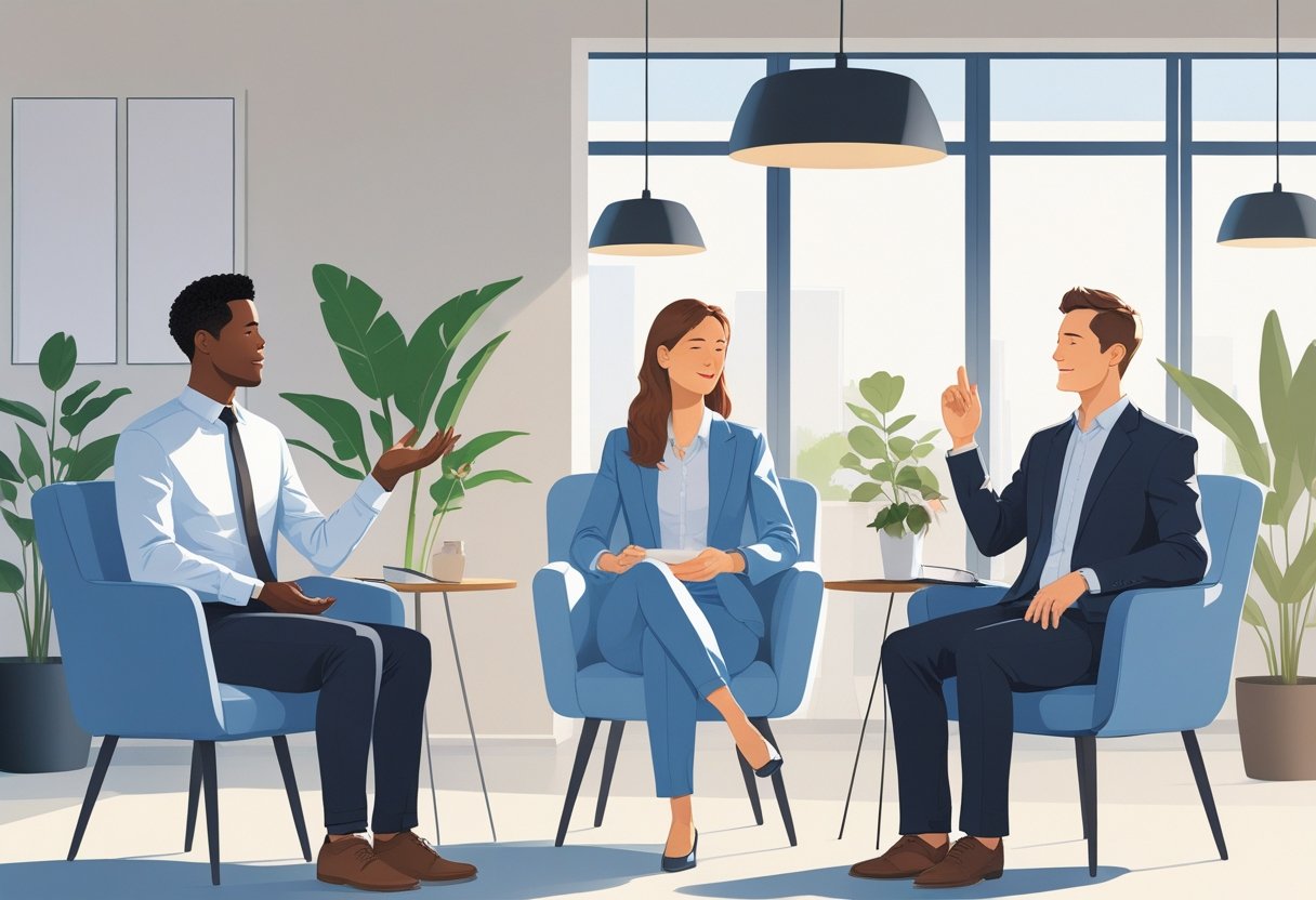 Three job candidates answering interview questions in a modern office with interviewers, showing calm and confident expressions.