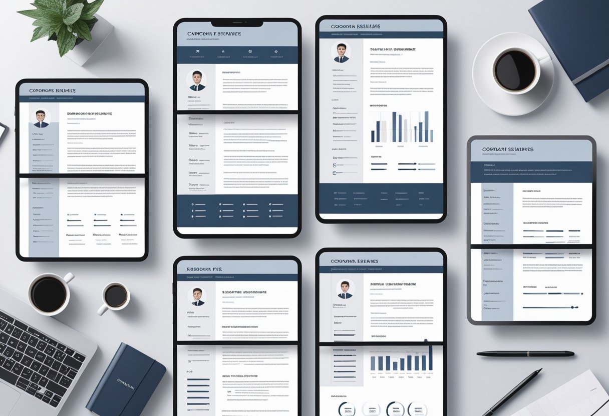 A workspace displaying multiple corporate resume templates on screens and papers with office supplies around them.