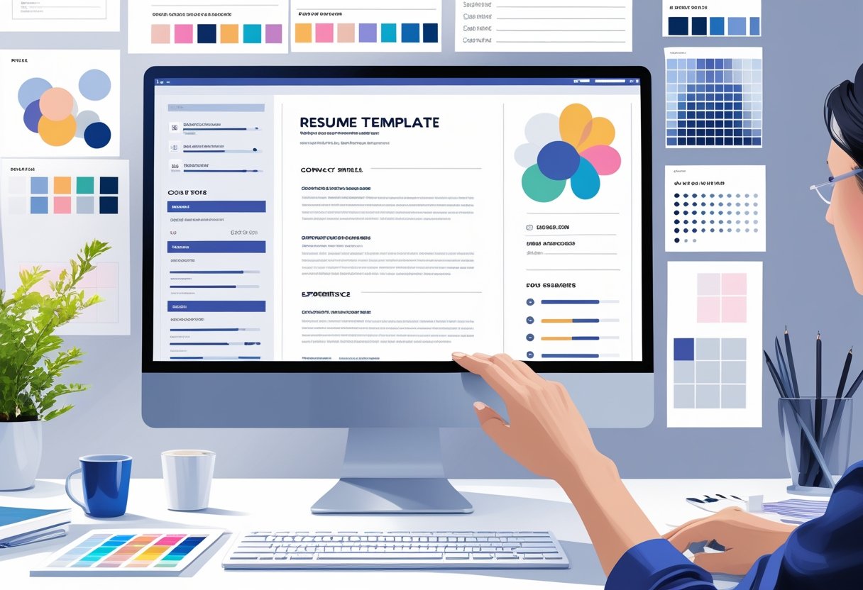 A workspace with a computer showing a resume template being customized, surrounded by design tools and office items.