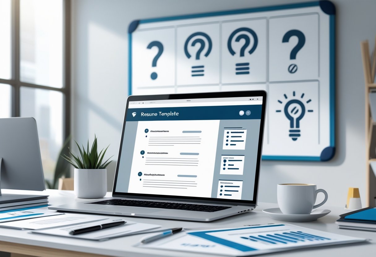 A modern office desk with a laptop showing a resume template, surrounded by documents and office supplies, with icons representing questions and ideas in the background.